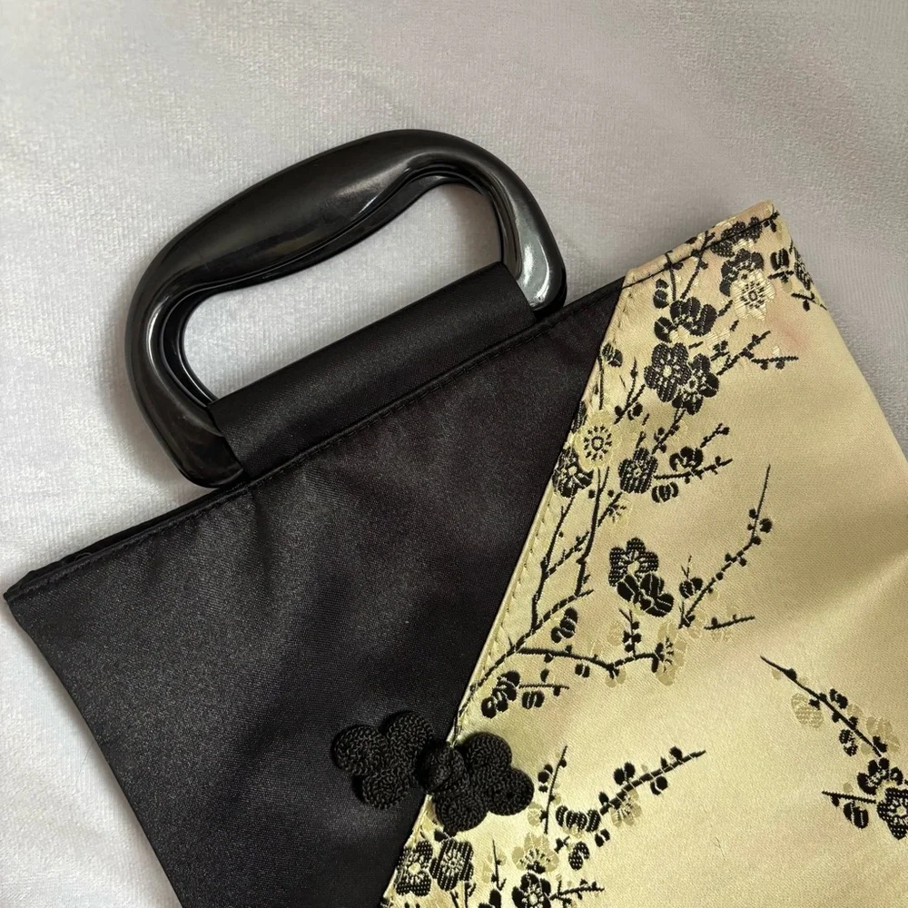 Black Gold Floral Satin Evening Bag Cherry Blossom Top Handle Chinoiserie Purse - Picture 3 of 7